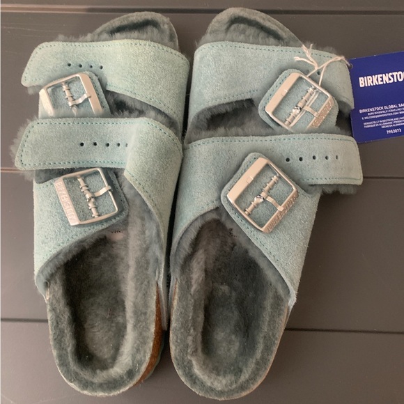 Birkenstock Arizona Suede Leather Beryl Teal Shearling Lined Sandals NWT - Picture 4 of 9